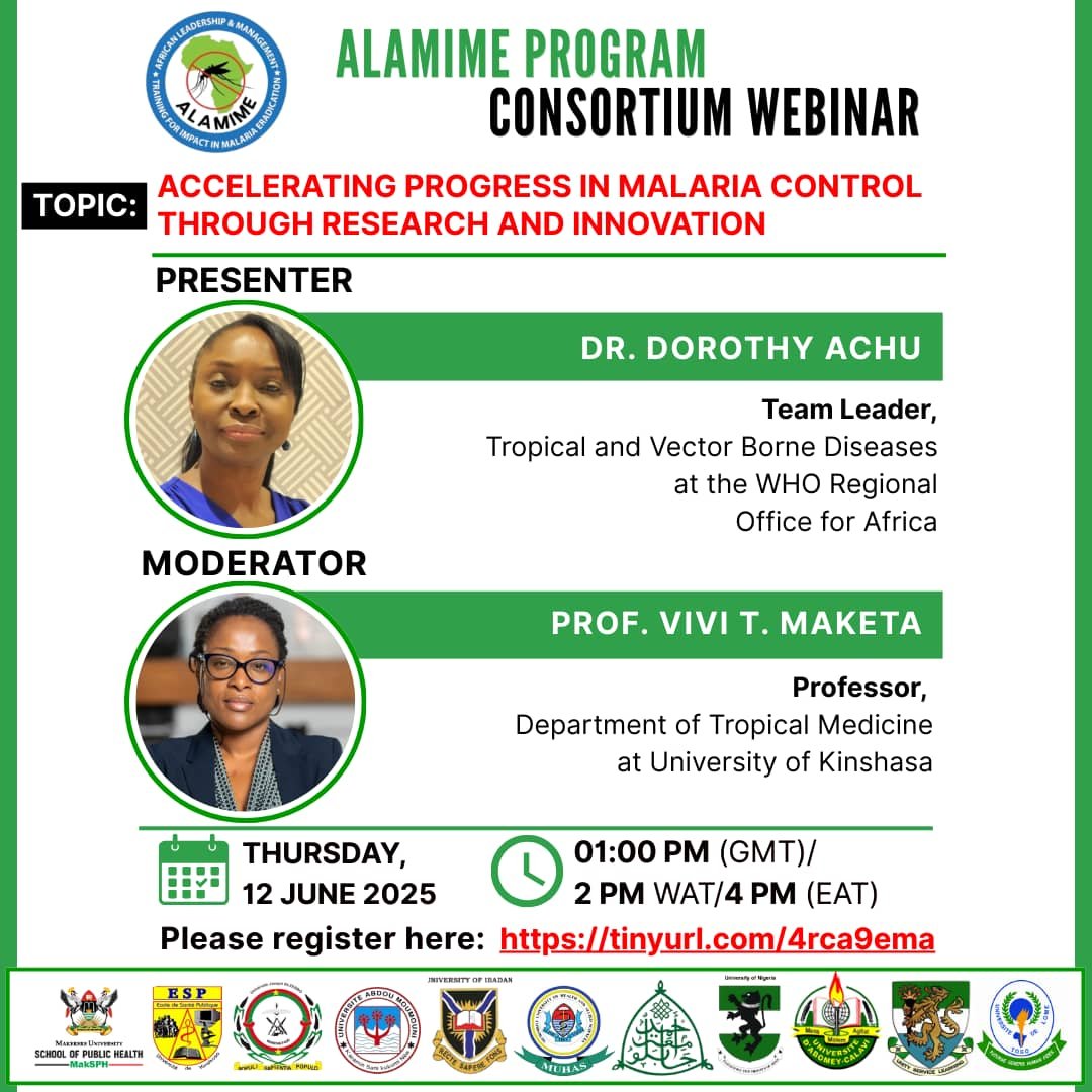 📢 Join the 3rd #ALAMIME Consortium Webinar:
 “Accelerating Progress in Malaria Control through Research &amp; Innovation” 🦟🔬

🗓️ June 12, 2025
🕐 01 PM GMT | 02 PM WAT | 03 PM CAT | 04 PM EAT
🔁 Live translation: EN &amp; FR
🔗 Register 👉 shorturl.at/KZivm
