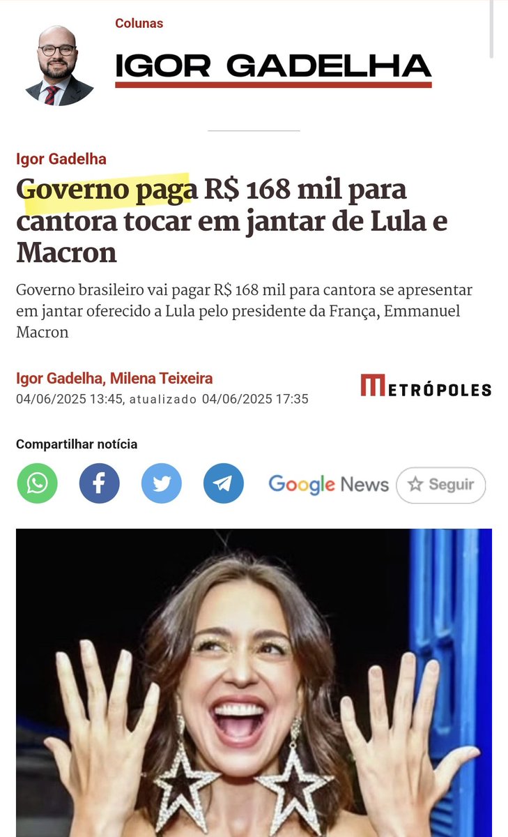 taoquei1's tweet photo. Não é o governo que paga, o governo pega o NOSSO DINHEIRO, tomados a força via impostos, e gasta com cantora particular para jantar com o macron. 
Se você defende isso, você é masoquista. https://t.co/ncFms8u8DP
