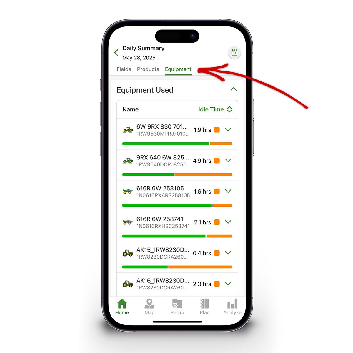 Kyle Plattner (@kyleplattner) on Twitter photo Use the Equipment tab on the Daily Summary in <a href="/JohnDeere/">John Deere USA</a> Operations Center Mobile to easily compare idle times across all equipment for the selected day. Use the Equipment tab on the Daily Summary in <a href="/JohnDeere/">John Deere USA</a> Operations Center Mobile to easily compare idle times across all equipment for the selected day.
