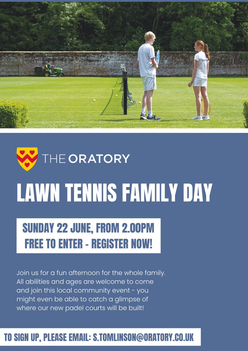 The Oratory School (@oratoryschool) on Twitter photo Delighted to be hosting a #LawnTennis Family Day on Sunday 22 June! Join us for a fun afternoon for the whole family - learn more about our new #PadelCourts too!
All abilities welcome. To book your place, please email s.tomlinson@oratory.co.uk 🎾
#OratoryRacquets #OratorySport Delighted to be hosting a #LawnTennis Family Day on Sunday 22 June! Join us for a fun afternoon for the whole family - learn more about our new #PadelCourts too!
All abilities welcome. To book your place, please email s.tomlinson@oratory.co.uk 🎾
#OratoryRacquets #OratorySport