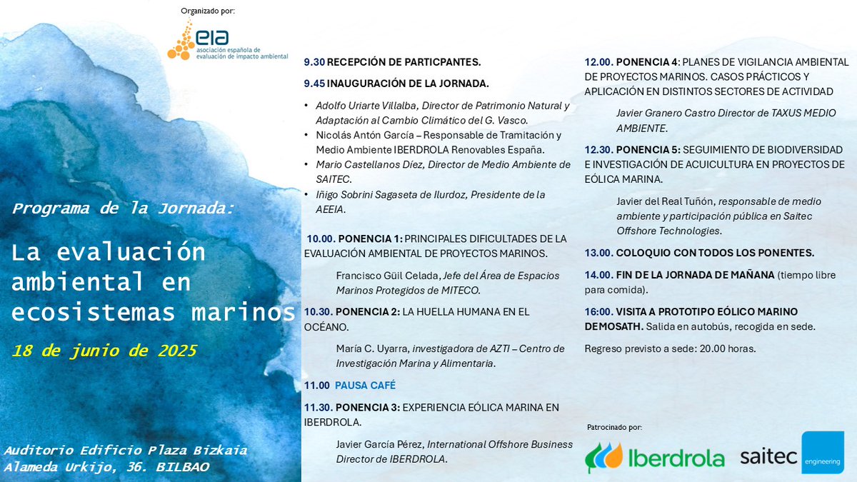📅 18/06 Jornada: “La evaluación ambiental en ecosistemas marinos”  organizada en colaboraicón con <a href="/Asoc_Esp_de_EIA/">AEEIA</a> Con el rápido crecimiento de la #eólicamarina,  resulta fundamental fomentar su compatibilidad con la protección de la #biodiversidad
saitec.es/es/noticia.htm…