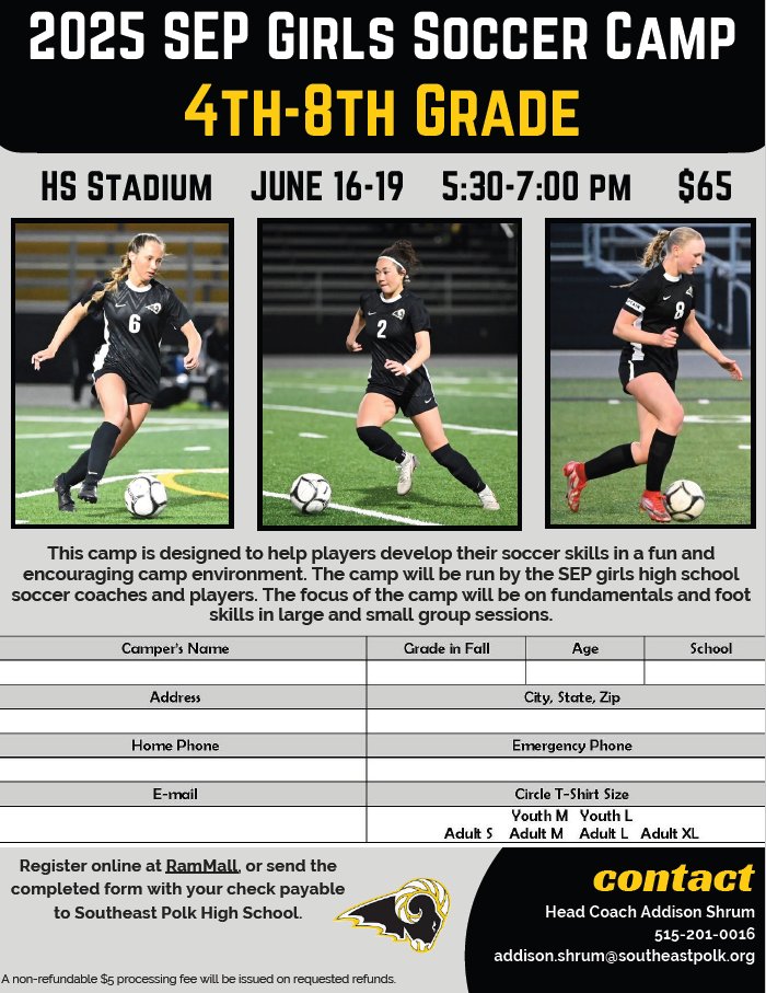 It's not too late. Don't forget to register for the SEP Girls Soccer Camp this Summer! It is June 16th-19th at 5:30-7:00pm at the high school stadium field.