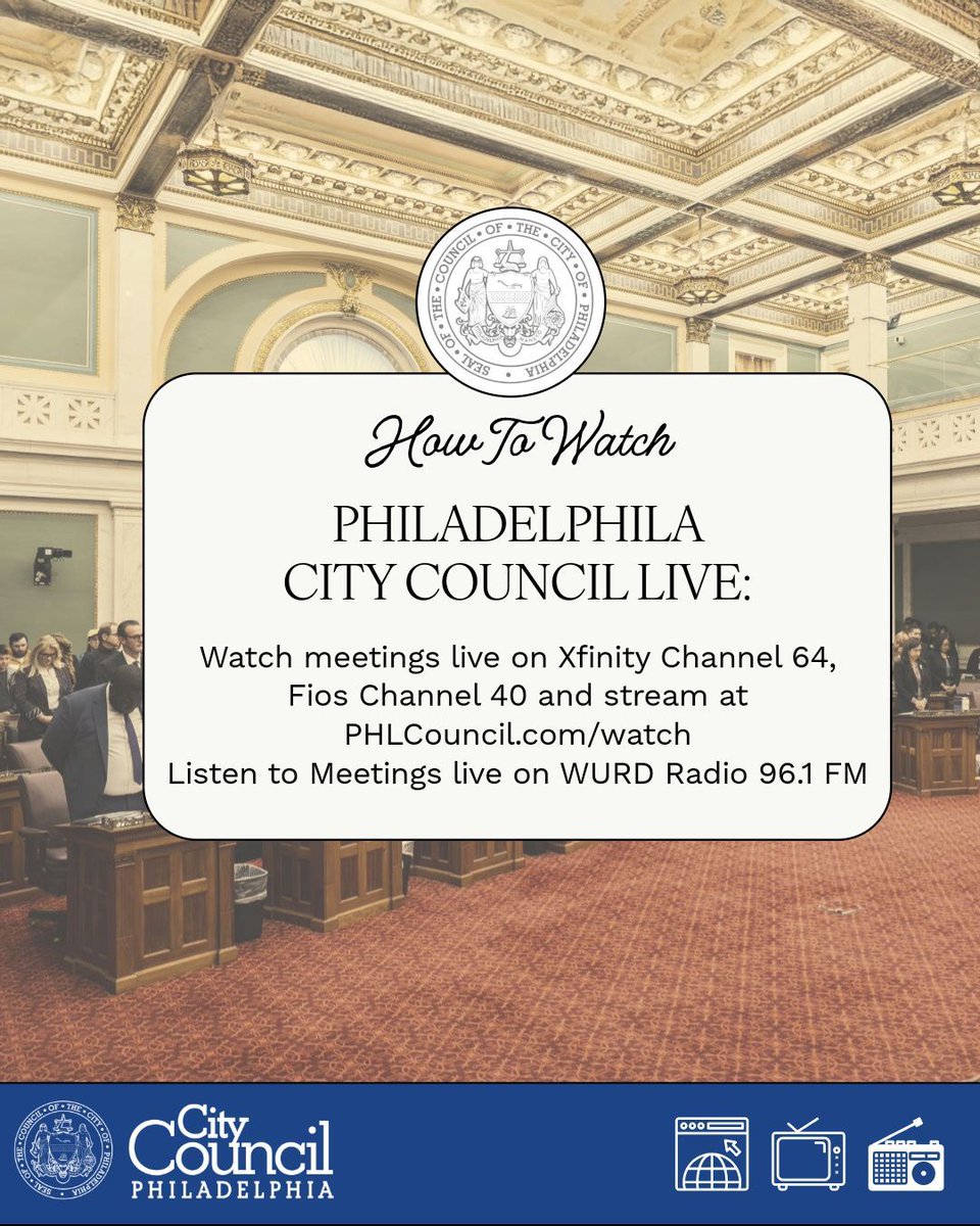 #PHLCouncil ‘s Stated Meeting will begin at 10AM today. Watch on Xfinity 64/Fios 40/Stream: phlcouncil.com/watch
