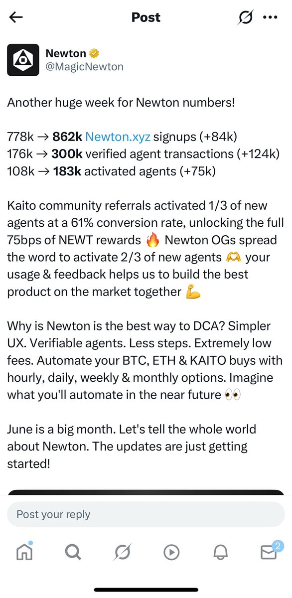It’s announcement season on <a href="/newton_xyz/"></a> 
The weekly numbers rolled in and the numbers are massive 

862k signups 
300k agent transactions 
183k activated agents 
 
1M soon…
The last statement June is a big month is something you shouldn’t overlook
$Newt is coming 
Gnewt