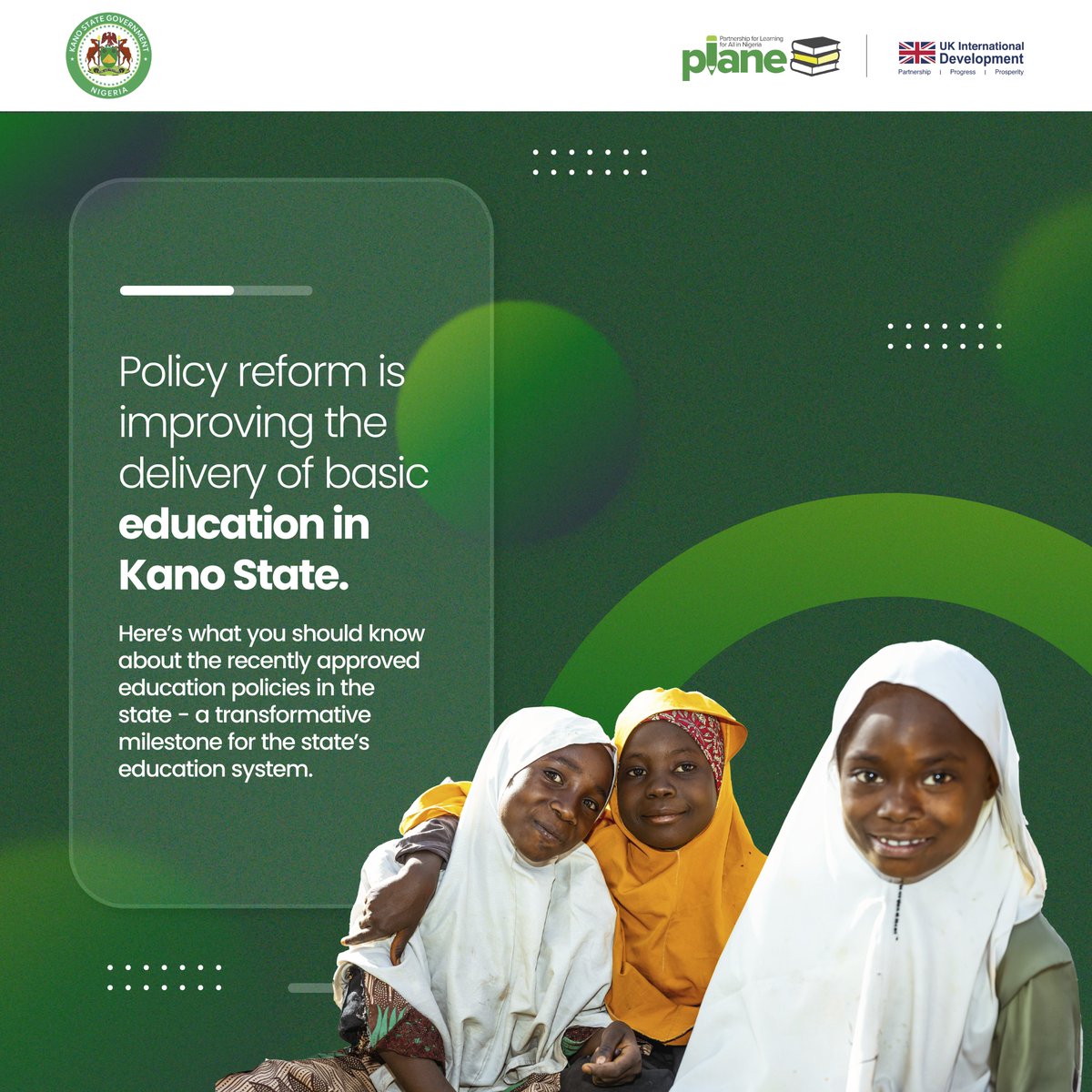 PLANE_Nigeria's tweet photo. 🚸 With four newly approved policies, Kano State is paving the way for stronger basic education reforms. 📚✍
Here’s what you need to know about these important policies. 👇 

#EducationReform #KanoState #NigeriaEducation #PolicyReform #UKNGEducation #PLANEProgramme https://t.co/aLWn47GXoV