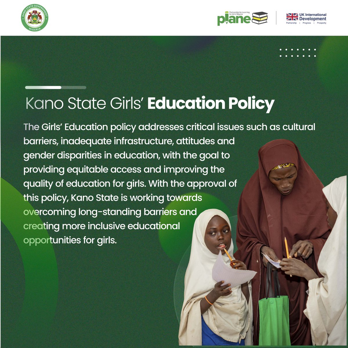 PLANE_Nigeria's tweet photo. 🚸 With four newly approved policies, Kano State is paving the way for stronger basic education reforms. 📚✍
Here’s what you need to know about these important policies. 👇 

#EducationReform #KanoState #NigeriaEducation #PolicyReform #UKNGEducation #PLANEProgramme https://t.co/aLWn47GXoV