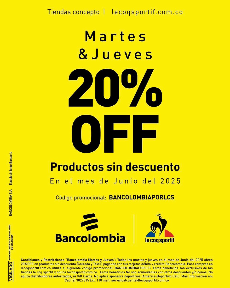 Aprovecha este día Bancolombia, 20%OFF en productos sin descuento ¿qué esperas? Solo en tiendas y online lecoqsportif.com.co