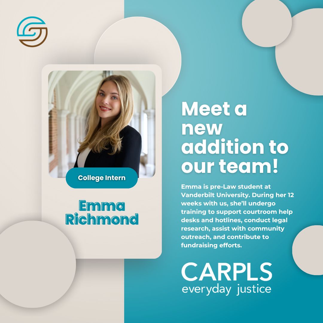 CARPLS is happy to welcome our new summer intern, Emma Richmond! Emma is a pre-law student at Vanderbilt University. 

We are so thrilled to have her with us this summer, and can’t wait to see all she accomplishes. Welcome, Emma!