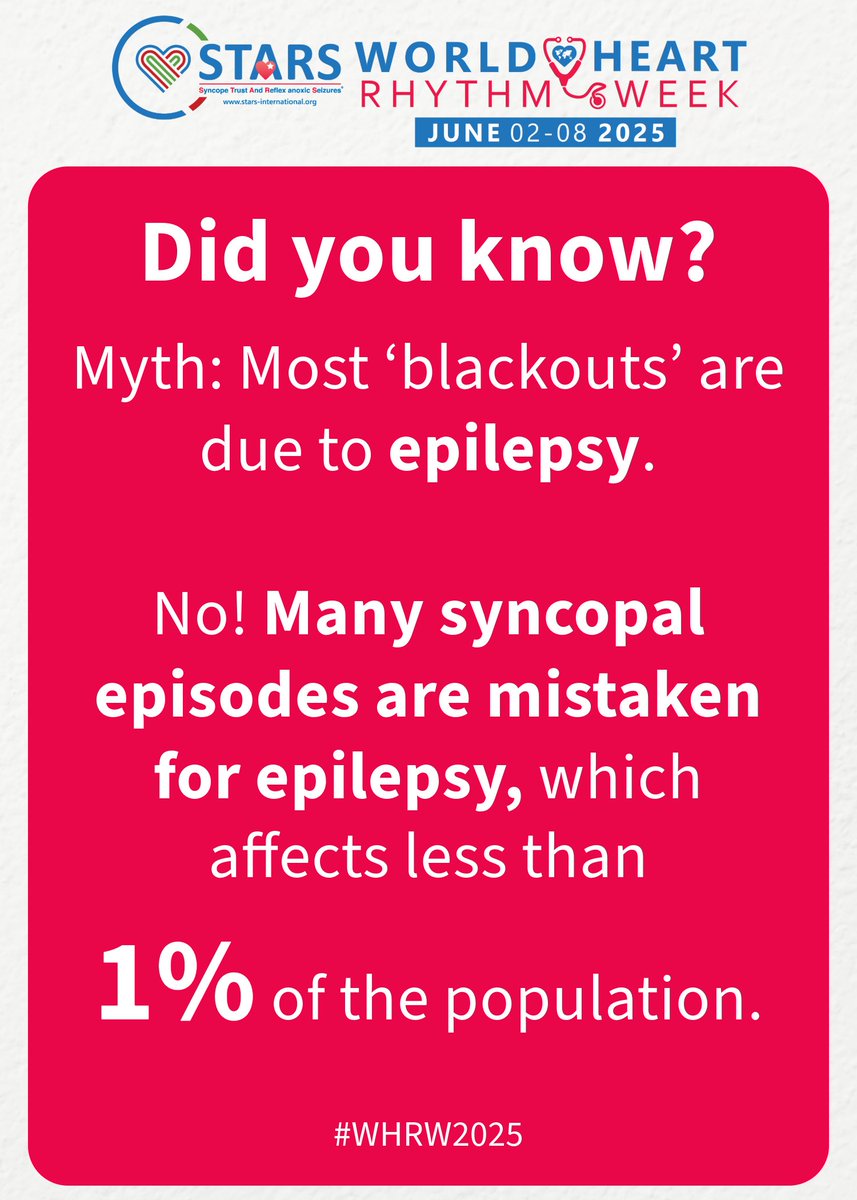 MYTH: Most blackouts = epilepsy.

FACT: Many are actually syncope—a common fainting episode.

Misdiagnosis can be dangerous. Know the difference.

📥 Download “6 Myths About Syncope”: loom.ly/jVm6NKA
🔗 Learn more: worldheartrhythmweek.org

#WHRW2025 #OneHeartManyRhythms