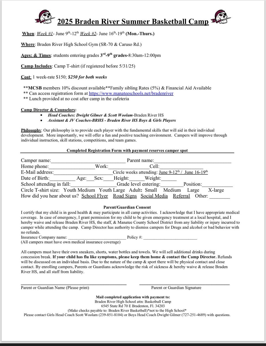 It’s not too late…there are still spots available!!! Sign up now for this year’s Braden River Youth Camp. We focus on fundamentals, techniques and FUN!!! Each camper will receive a tshirt and FREE lunch is also available.