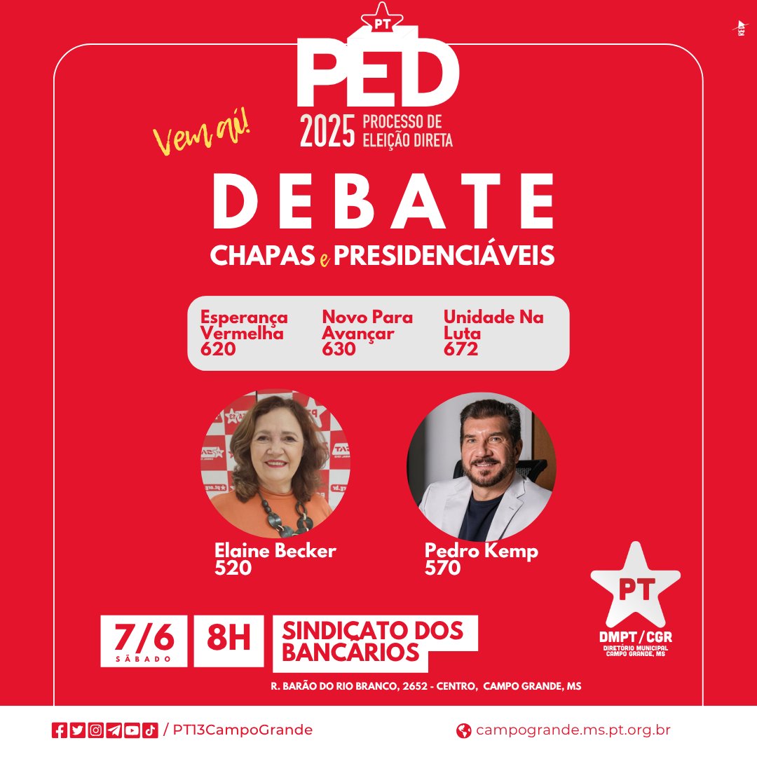 É importante que você conheça as propostas de cada Chapa e Candidato para nosso Partido para os próximos quatro anos. Para isso, vamos realizar às 8h, neste sábado (7/6), no Sindicato dos Bancários, o debate entre Chapas e Presidenciáveis que concorrem na esfera municipal.