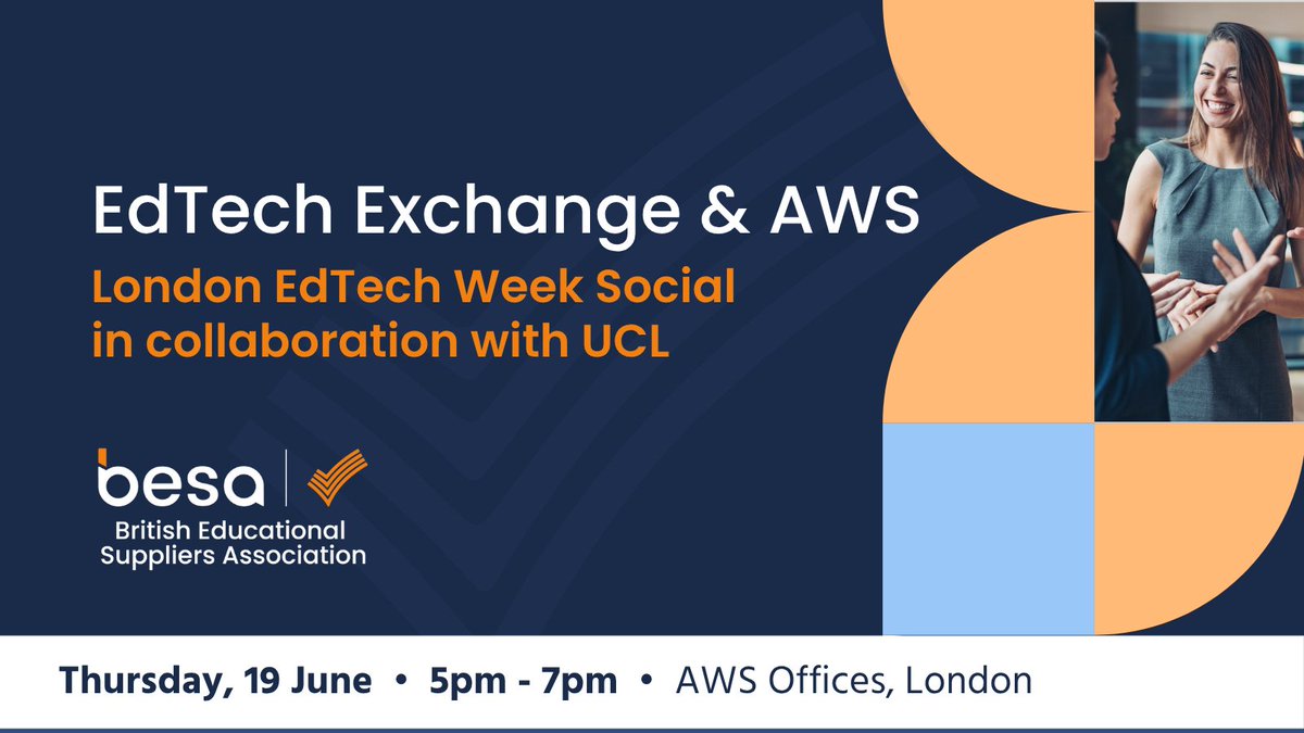 Celebrate London EdTech Week with us - join the social on 19 June!

We're inviting EdTech professionals to an informal evening of networking, insight and inspiration - hosted by BESA, EdTech Exchange and Amazon Web Services (AWS).

This relaxed social gathering will be a chance