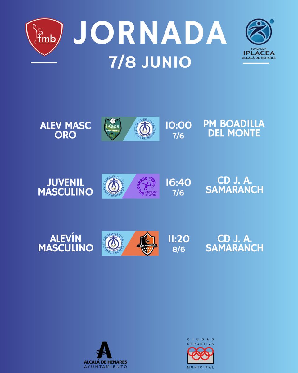 🔵JORNADA 7/8 JUNIO🔵

➡Mientras que nuestros alevines se juegan el pase a la final de la Copa Primavera, tanto juveniles como alevines inician la fase final de balonmano playa. ¡Mucha suerte!

#vamosipla #balonmanomadrileño