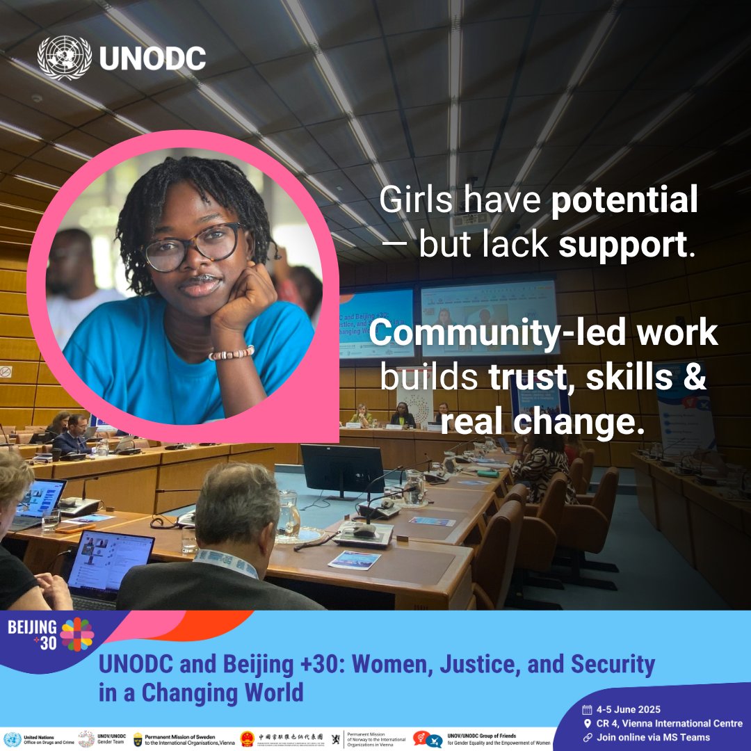 Yeanoh, a <a href="/UNODC/">UN Office on Drugs & Crime</a> #YouthForum on prevention alumna from Sierra Leone, spoke at the #Beijing30 event on the need to center young women in health responses to drugs - reminding us that young women need to be heard &amp; supported to lead meaningful change.

shorturl.at/kznF5