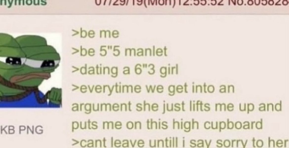 &gt;본인
&gt;165 키작남
&gt;여친은 190임
&gt;우리가 뭔가 말싸움을 할 때마다 걔는 그냥 날 번쩍 들어서 높은 찬장에 올려놓음
&gt;미안하다고 할 때까지 난 못 내려감