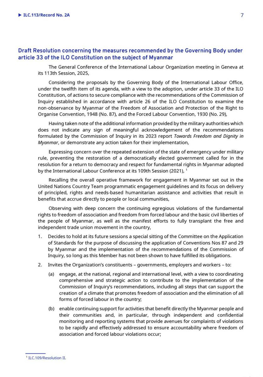 NUGMyanmar's tweet image. 113th International Labour Conference (113th ILC) Decides to Take Action Against Military Junta Under ILO Constitution Article 33
June 5, 2025
Today (June 5, 2025), at the 113th International Labour Conference #ILC2025  (113th ILC) held in Geneva, Switzerland, the ILO @ilo…