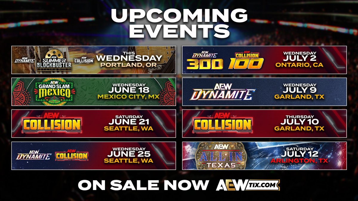 Feel the energy of AEW LIVE! 💥

Get your tickets NOW at AEWTIX.com!