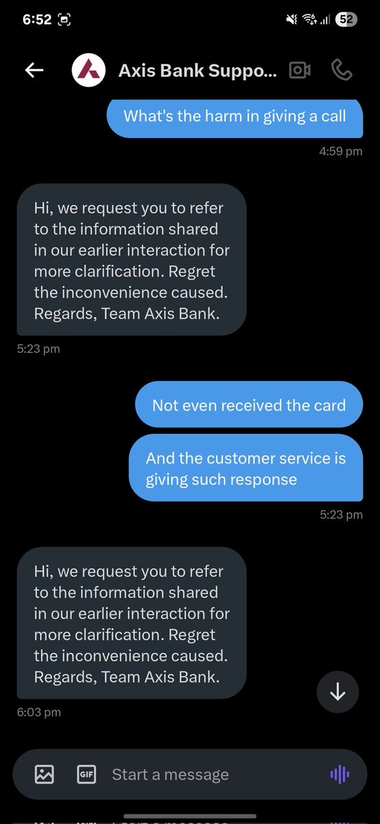 Rushit7G's tweet photo. @AxisBankSupport This is their response.  Repetitive https://t.co/TmbSKaHuTN