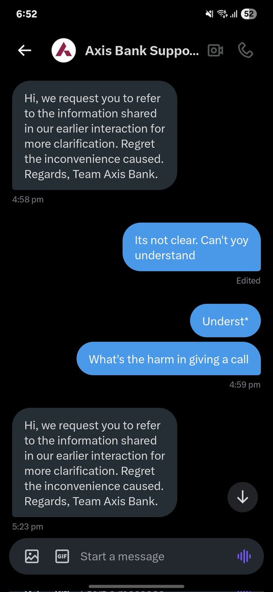 Rushit7G's tweet photo. @AxisBankSupport This is their response.  Repetitive https://t.co/TmbSKaHuTN