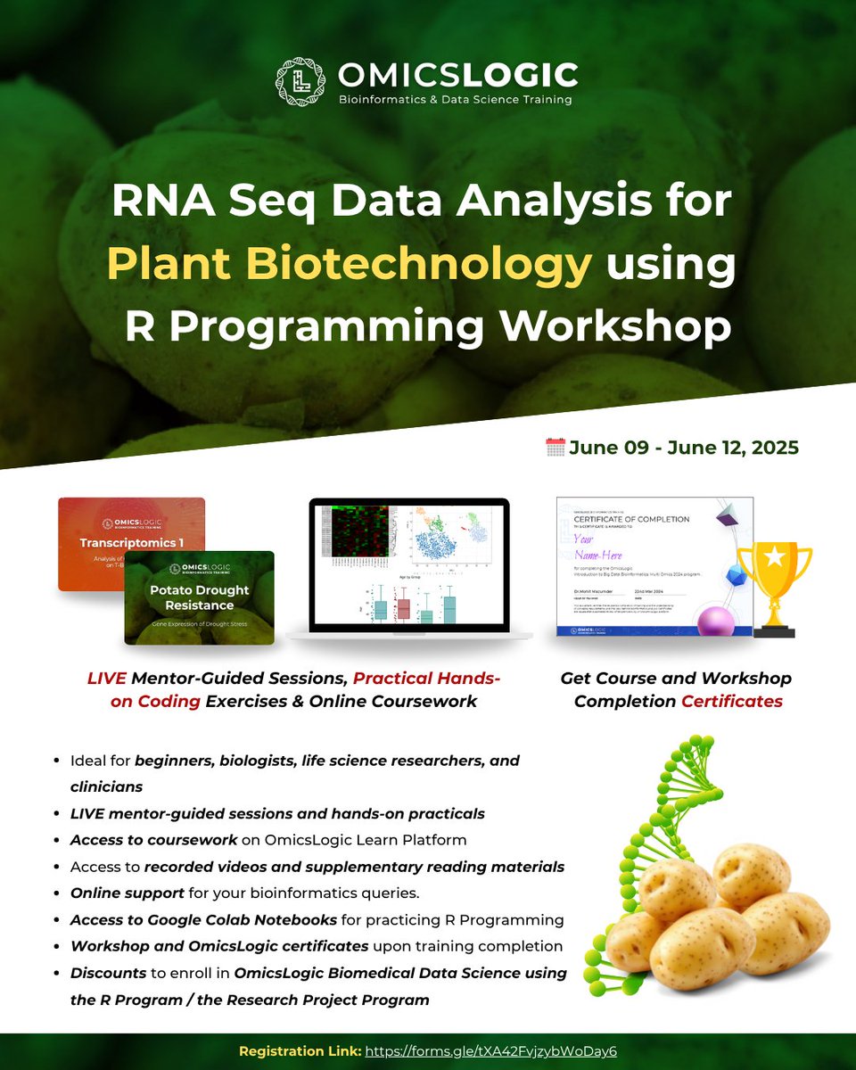🌿 Master Plant RNA-Seq Data Analysis with R!
Analyze drought stress &amp; gene expression in potato using real RNA-seq data.📅 June 9–12, 2025 | 🕒 7:30 PM IST
💻 Hands-on, beginner-friendly
🔗 Register: forms.gle/tXA42FvjzybWoD…
#RNASeq #PlantBiotech #Bioinformatics