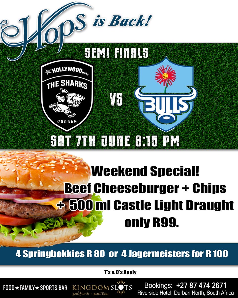 We're taking it back to the Good Old Hops Riverside you know from years ago!There's no better place to watch the Rugby this Saturday,Big Screens,Cold Beers. Weekend Special Beef Cheeseburger, Chips and an Ice Cold Castle Light Draught for just R99. From Friday through to Sunday!