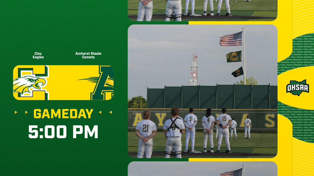 ⚾️ GAMEDAY ⚾️

Clay Baseball takes on Amherst Steele in the Regional Final TODAY at 5PM at Oberlin College!

🎟️ Tickets: ohsaa.org/tickets
📺 Watch on BCSN+
📲 Updates on OCS Athletics Facebook &amp; X

Let’s go, Eagles!