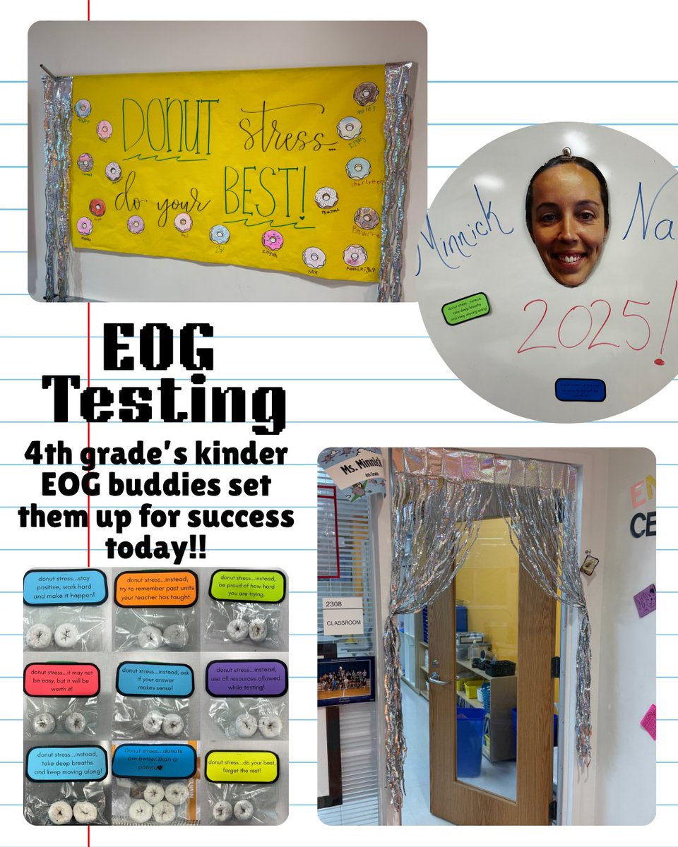 Each 3rd-5th grade class has a K-2nd buddy class that gets them excited to take their EOGs. Ms. Minnick's kinder buddy class went all out getting them ready for their EOG today!