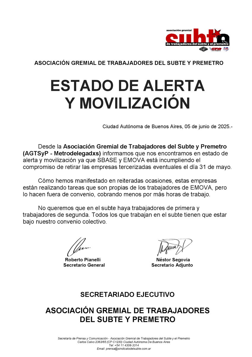 Informamos que nos encontramos en estado de alerta y movilización ya que SBASE y EMOVA está incumpliendo el compromiso de retirar las empresas tercerizadas eventuales el día 31 de mayo.