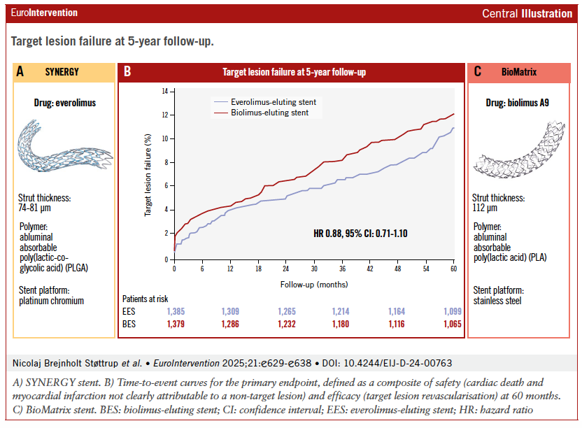 5-year data from SORT OUT VIII: SYNERGY EES and BioMatrix BES stents had similar TLF rates, but SYNERGY showed lower MI incidence (6.1% vs 8.4%). Thin struts + fast polymer degradation may enhance long-term safety.  #InterventionalCardiology #DES #CardioTwitter