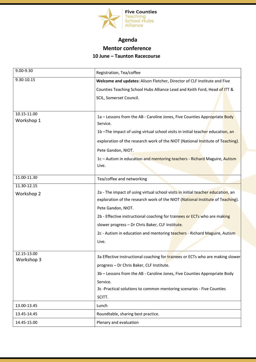 ⭐Are you an ITT or ECF mentor? If so there are there are still spaces available at the Five Counties TSHA conference at Taunton Racecourse on Tuesday 10th June. We would love to see you there!⭐

eventbrite.co.uk/e/127053758511…

(See the agenda for the day below)