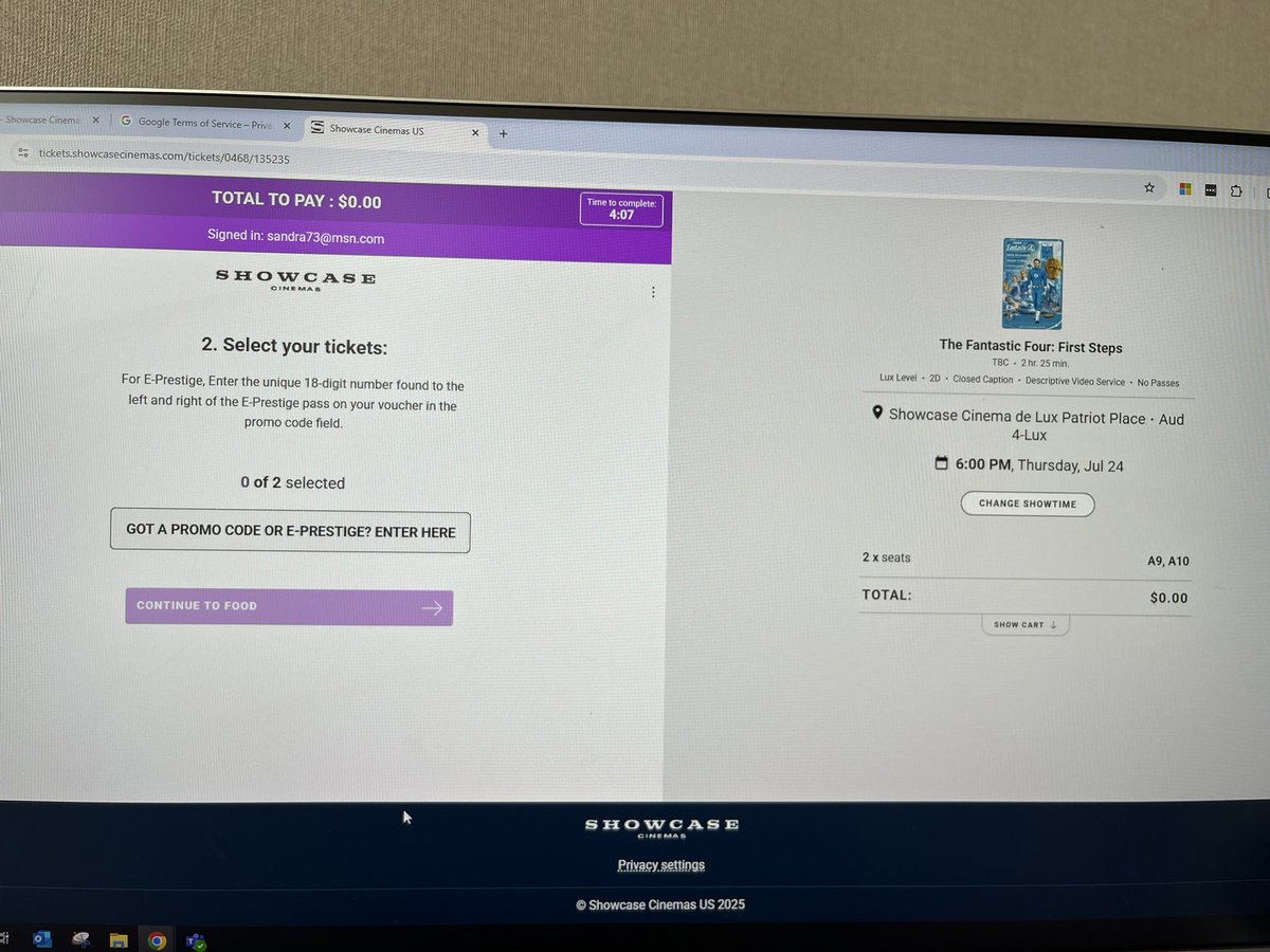 SandraResendes's tweet photo. @ShowcaseUS Trying to buy Lux Level tickets and I get to this screen and can't do anything.  Is there a glitch?  I can buy general admission no problem. https://t.co/mUXYb6DrLA