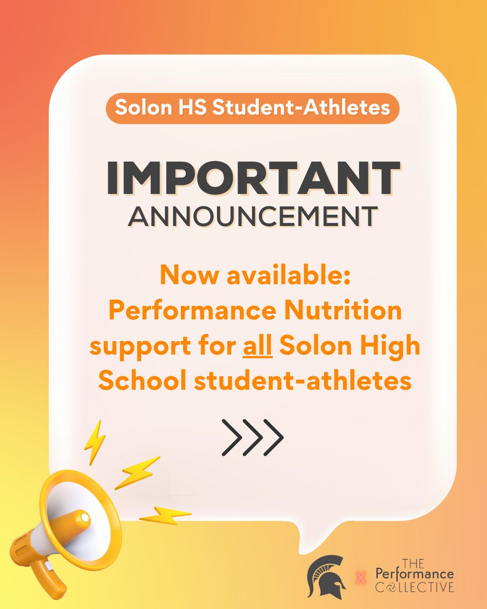 DirectorSolon's tweet photo. Calling all Solon HS Student-Athletes
Starting this summer, Solon athletes have access to performance nutrition support from The Performance Collective.
This program is designed to help student-athletes fuel for performance, recovery, and long-term health / injury prevention. https://t.co/PBy5OLRMQg