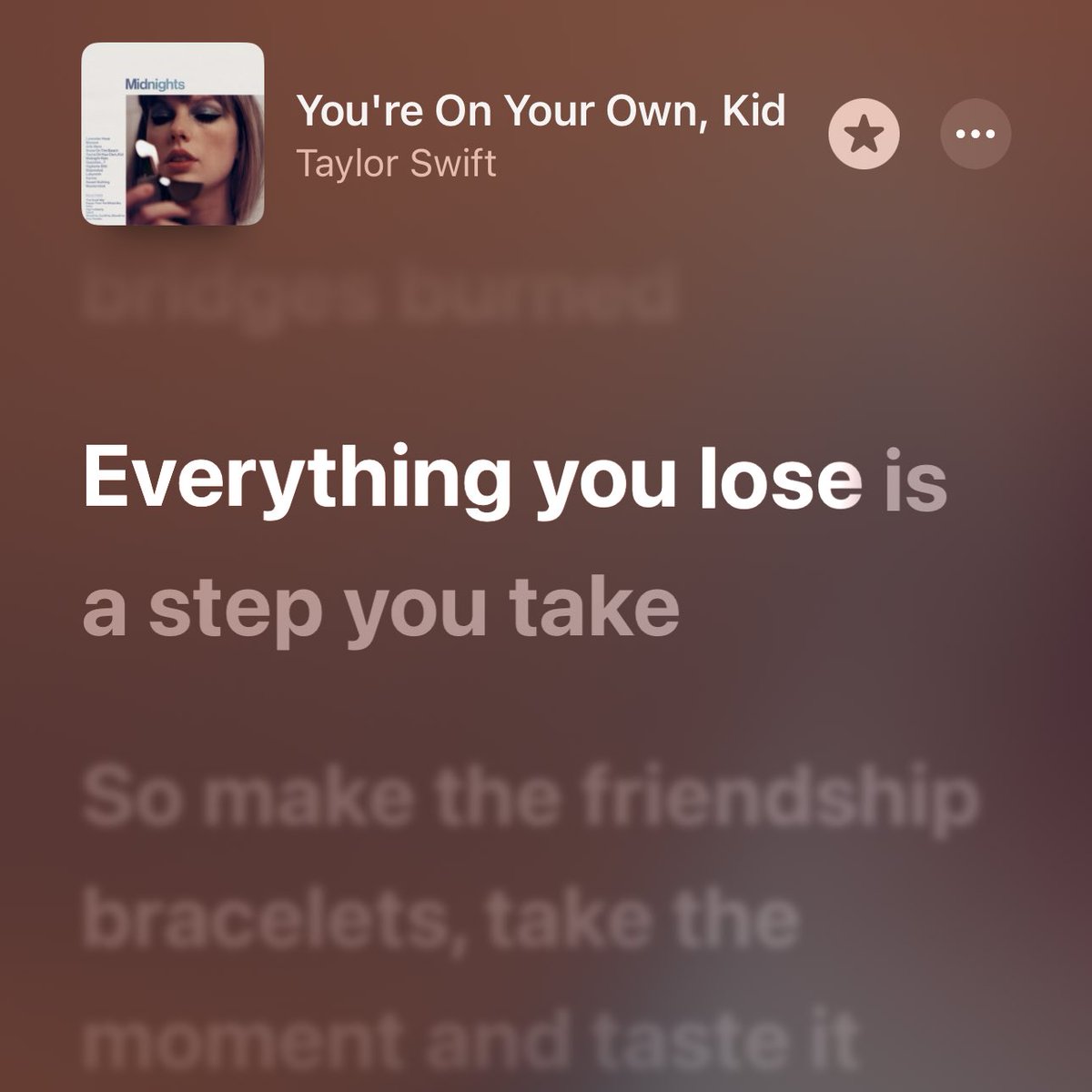 you’re on your own, kid เป็นเพลงที่คอยกลับมาฟังเพื่อปลอบใจตัวเองให้หายกลัวกับก้าวใหม่ของชีวิต บางการเติบโตมันน่ากลัว คำถามว่าถ้าเราทำไม่ได้ล่ะ ถ้าฝันของเรามันแค่อะไรธรรมดาล่ะ แต่พอหันกลับไปมองว่าเราผ่านอะไรมาได้ตั้งเยอะ แลกอะไรไปเท่าไหร่กว่าจะมาถึงตรงนี้ แค่นั้นมันก็พอยิ้มออกแล้ว