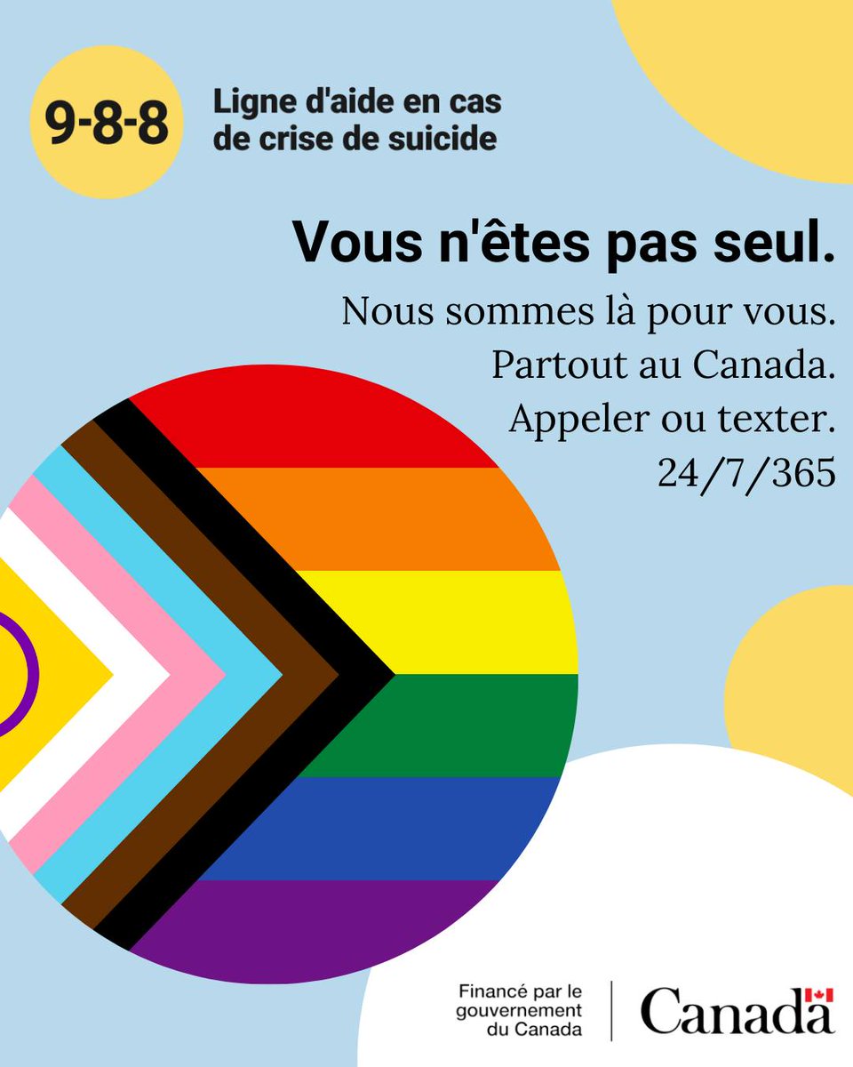 À tous les membres de la communauté #2SLGBTQIA+, si vous vous sentez désespérés ou si vous pensez au suicide, nous sommes là pour vous. Vous pouvez nous contacter à tout moment de la journée en appelant ou en envoyant un texte au 9-8-8.
#988Canada #PrideMonth