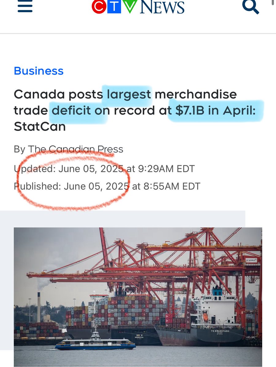 ELBOWS UP 🇨🇦 Canada posts April trade deficit of $7.1 BILLION. Just the largest on RECORD 🤯 which also followed a deficit of $2.3 BILLION in March. Not good, CANADA
