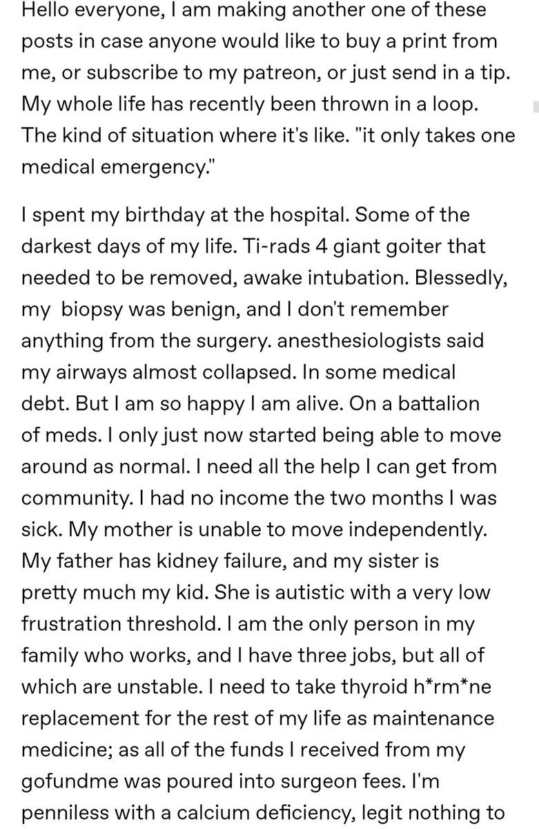 sethpuertoluna's tweet image. Seeking Mutual Aid
Please help me rebuild my life after a major operation ): (total thyroidectomy). Everything I received from my gofundme has been exhausted by my surgeon fees, and now I still have to take a battalion of medicine + maintenance + insulin as I recover. (Cont)