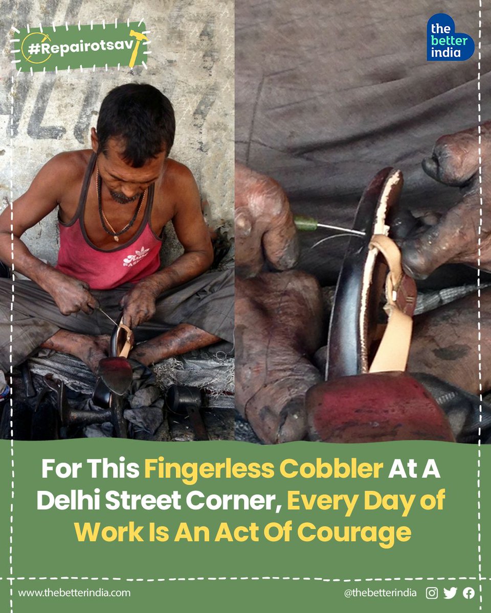 thebetterindia's tweet photo. At a street corner in Delhi, a cobbler without fingers sits with his toolkit, patiently repairing what others might throw away. No fanfare, no spotlight, just the steady rhythm of care, courage, and craft.
#WorldEnvironmentDay #FixNotReplace #RepairCulture #CircularIndia #SustainableLiving #LocalHeroes #CareOverConsumption