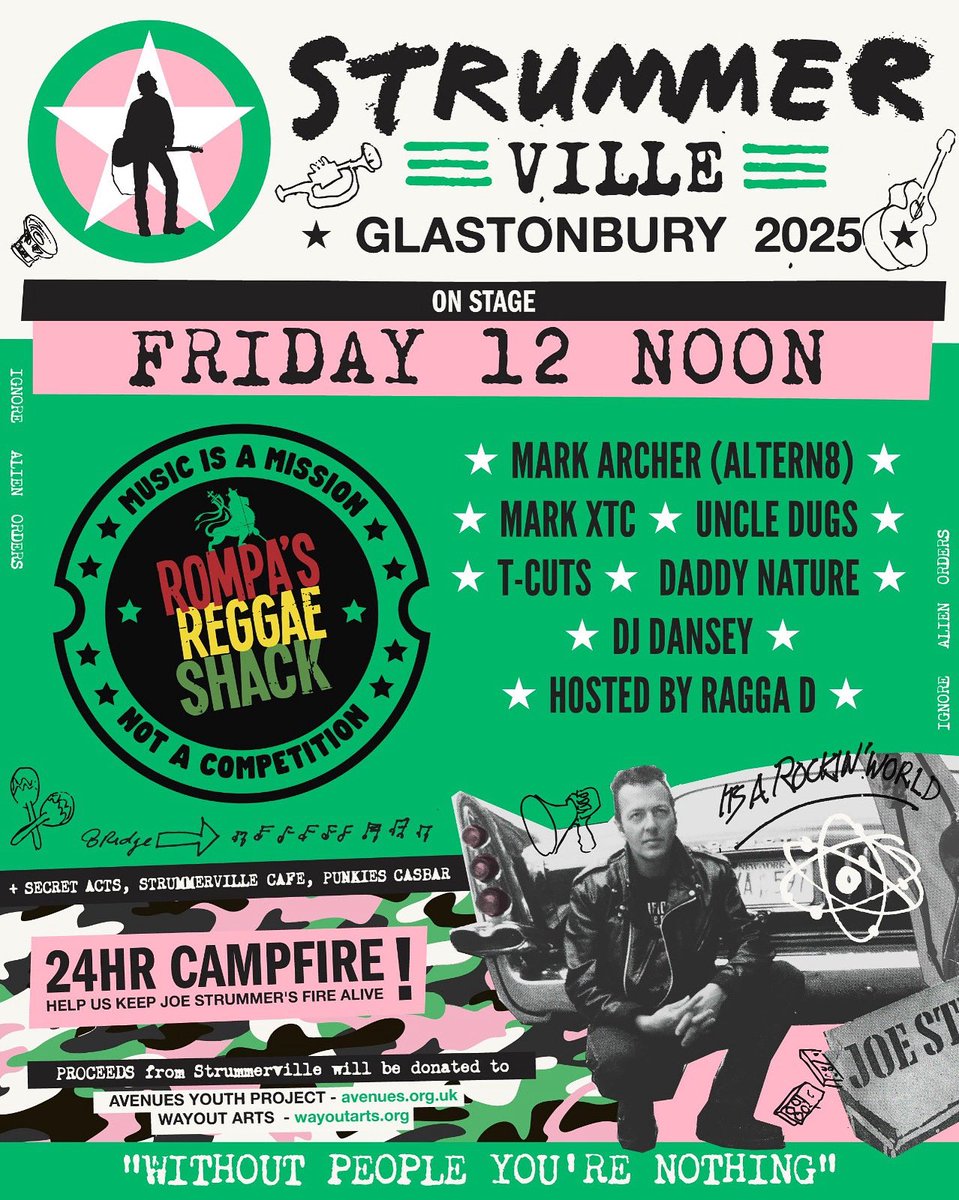 The Joe Strummer Fund (@joestrummerfund) on Twitter photo .<a href="/glastonbury/">Glastonbury Festival</a> ⚡️ <a href="/RompasReggae/">Rompa's Reggae Shack</a>
FRIDAY 📍 12PM
#Glastonbury #Glasto #Jungle .<a href="/glastonbury/">Glastonbury Festival</a> ⚡️ <a href="/RompasReggae/">Rompa's Reggae Shack</a>
FRIDAY 📍 12PM
#Glastonbury #Glasto #Jungle