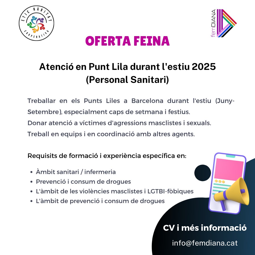 Fem Diana (@femdiana_coop) on Twitter photo 📣NOVA OFERTA📣
Busquem professionals de l'àmbit sanitari per atenció en #PUNTLILA durant l'estiu 2025.
📩Enviar CV a: info@femdiana.cat 📣NOVA OFERTA📣
Busquem professionals de l'àmbit sanitari per atenció en #PUNTLILA durant l'estiu 2025.
📩Enviar CV a: info@femdiana.cat