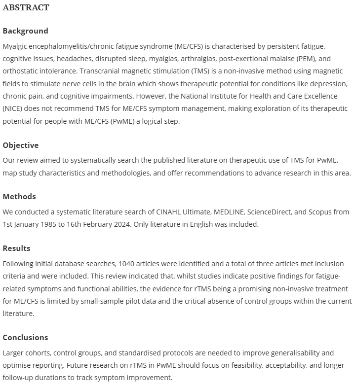 Tom Kindlon (@tomkindlon) on Twitter photo Therapeutic use of transcranial magnetic stimulation (TMS) for people with ME/CFS: a scoping review
Free:
tandfonline.com/doi/full/10.10…
"the evidence for rTMS...is limited by small-sample pilot data & critical absence of control groups"
#MEcfs #CFS <a href="/EthanBerry24/">Ethan Berry</a> Therapeutic use of transcranial magnetic stimulation (TMS) for people with ME/CFS: a scoping review
Free:
tandfonline.com/doi/full/10.10…
"the evidence for rTMS...is limited by small-sample pilot data & critical absence of control groups"
#MEcfs #CFS <a href="/EthanBerry24/">Ethan Berry</a>
