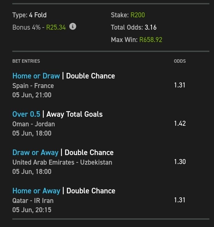 🇿🇦Sure Case Punter🇿🇦 (@gnbhengu) on Twitter photo ⚽Code B⚽
💰Kick Off <a href="/18/">Hi Will :)</a>:00
💰Copy my bet👉easybet.co.za/sports?bookedB…
💰Betslip code👉03-254811
💰Not yet on Easybet?
💰Get R50 Sign Up Bonus + 25 Bonus Spins
Use promo code: SURE50
No deposit required.
💰Sign Up Now 👉easybet.co.za/page/R50-sign-…
18 + | T&Cs Apply ⚽Code B⚽
💰Kick Off <a href="/18/">Hi Will :)</a>:00
💰Copy my bet👉easybet.co.za/sports?bookedB…
💰Betslip code👉03-254811
💰Not yet on Easybet?
💰Get R50 Sign Up Bonus + 25 Bonus Spins
Use promo code: SURE50
No deposit required.
💰Sign Up Now 👉easybet.co.za/page/R50-sign-…
18 + | T&Cs Apply