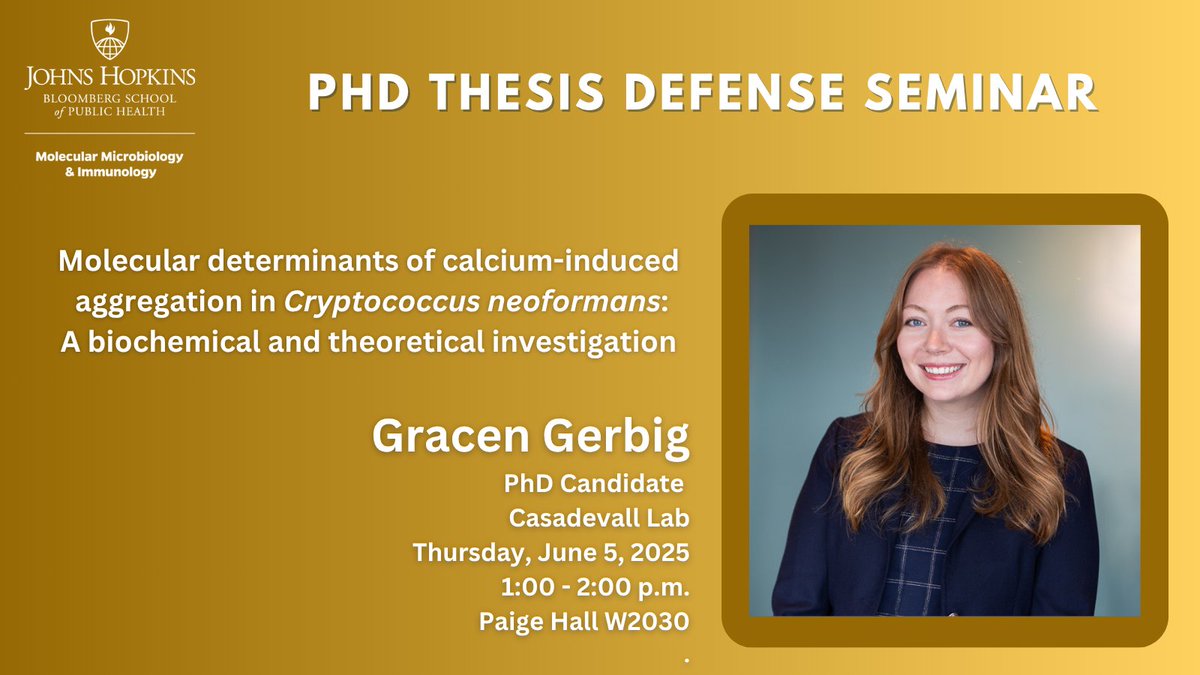 JohnsHopkinsMMI's tweet image. MMI PhD Candidate Gracen Gerbig who&apos;s training in the lab of @JohnsHopkinsMMI dept chair &amp;amp; @JohnsHopkinsSPH &amp;amp; @JHU_BDPs Arturo Casadevall @ACasadevall1 defends her PhD thesis today! 

Thursday, June 5
Paige Hall 
1:00 p.m.

#Cryptococcus neoformans 
#fungi 

Good Luck, Gracen!