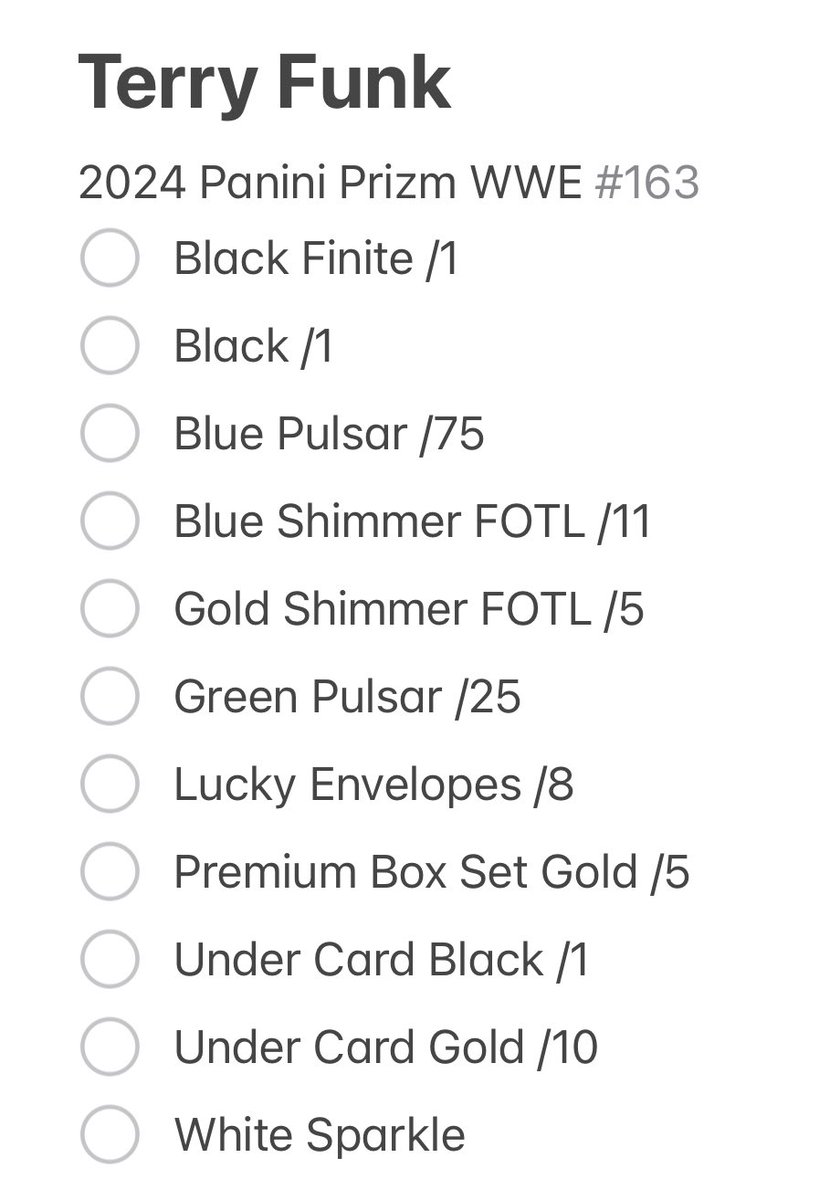 Owen Harrington (@coachspike) on Twitter photo Hey all. I’m working on my Terry Funk Rainbow from ‘24 Prizm. Here’s what I still need. Any help is appreciated. Thanks!! Hey all. I’m working on my Terry Funk Rainbow from ‘24 Prizm. Here’s what I still need. Any help is appreciated. Thanks!!