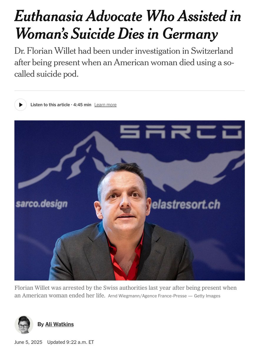 SarcoProject's tweet image. Sarco Project pioneer damaged by lengthy Swiss  ‘pre-trial detention’ and fake allegations of homicide @nytimes …nytimes.com/2025/06/05/wor…