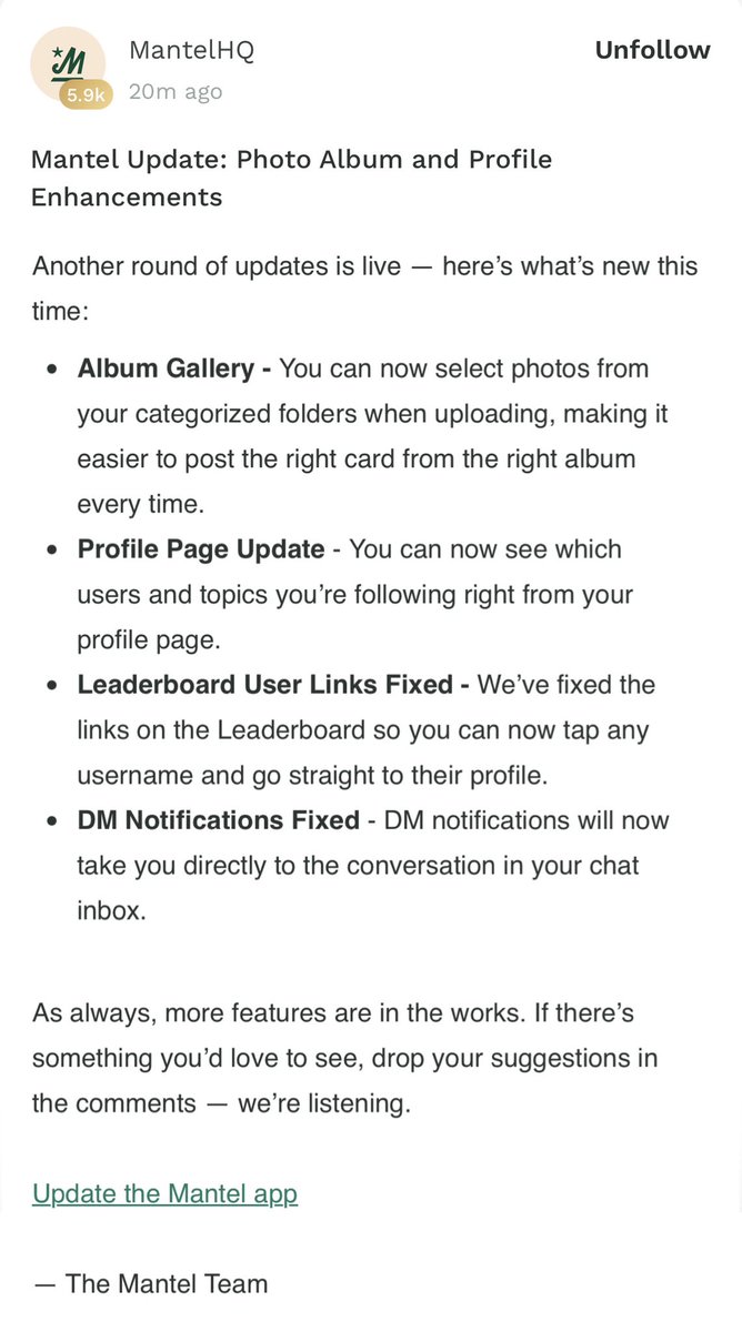 🚨 MANTEL UPDATE 🚨

New features just dropped!👇