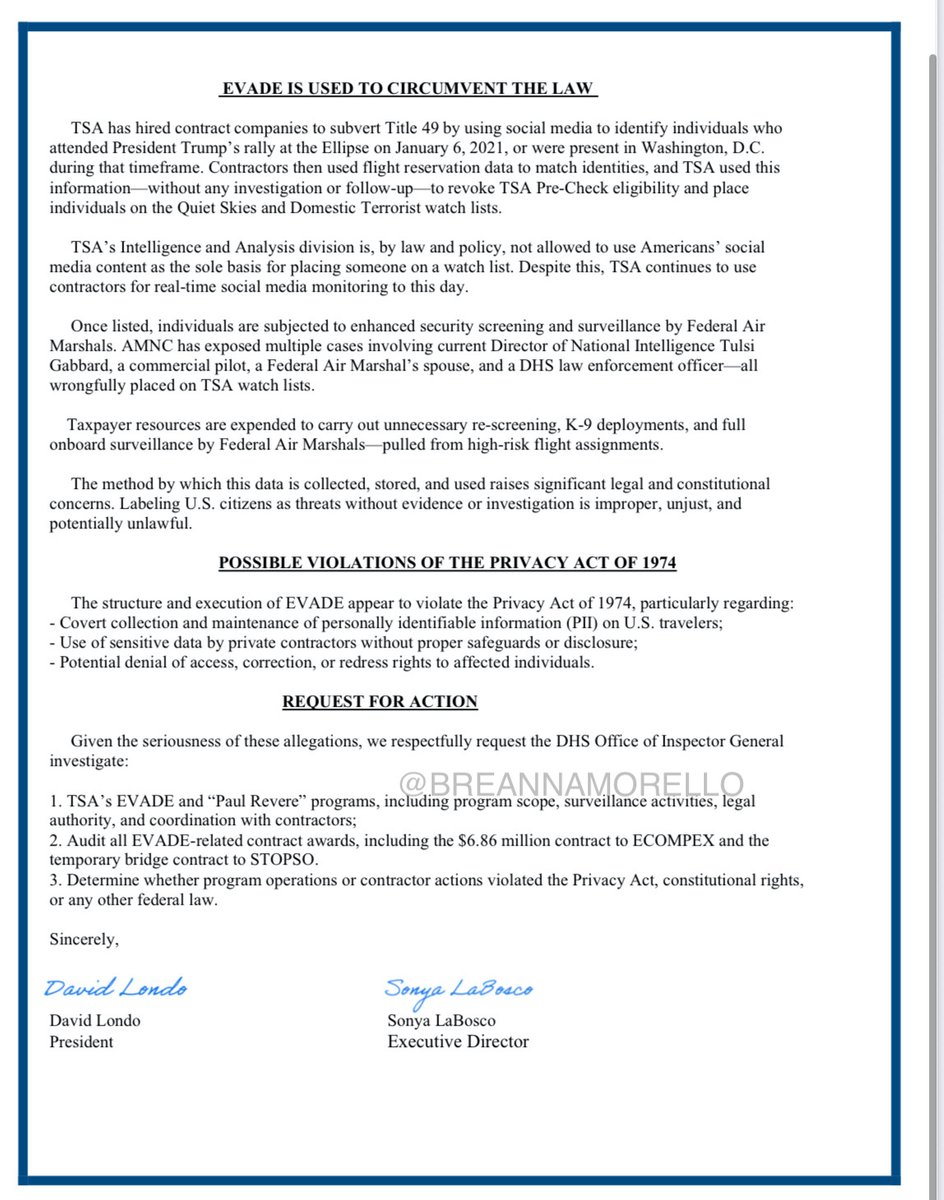 🚨EXCLUSIVE🚨

TSA hires private company to circumvent Americans' privacy rights, according to new Federal Air Marshal whistleblower.

"TSA/FAMS, through contractors, has and continues to use geolocating and monitoring of Americans' social media and flight reservations to