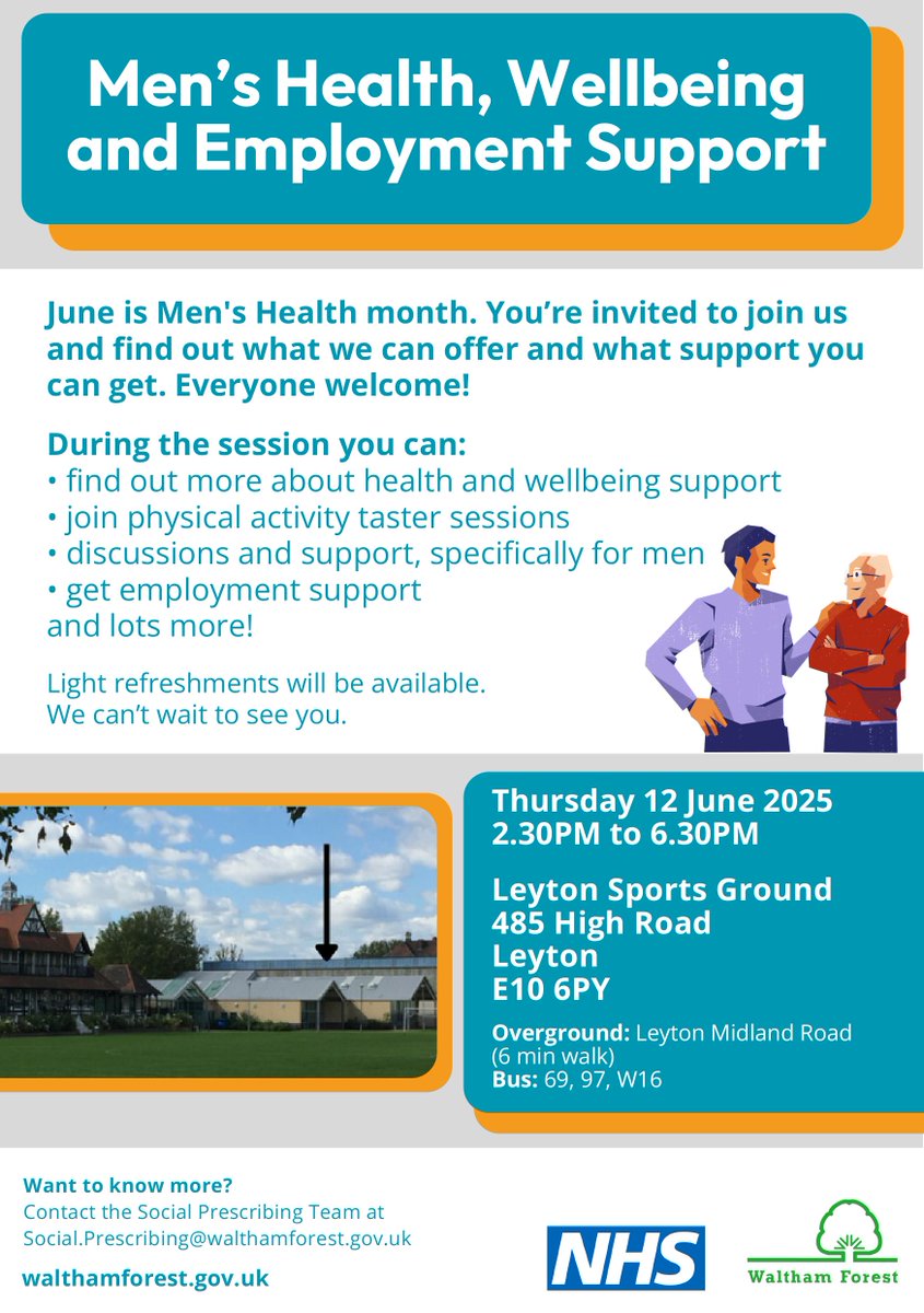 In support of Men's Health Month this June, don’t miss the Men's Health, Wellbeing &amp; Employment Support Event 💬💼
📅 Thursday 12th June 2025
🕝 2:30–6:30pm
📍 Leyton Sports Ground

Free support, info &amp; inspiration for men of all ages! 💪 #MensHealthMonth