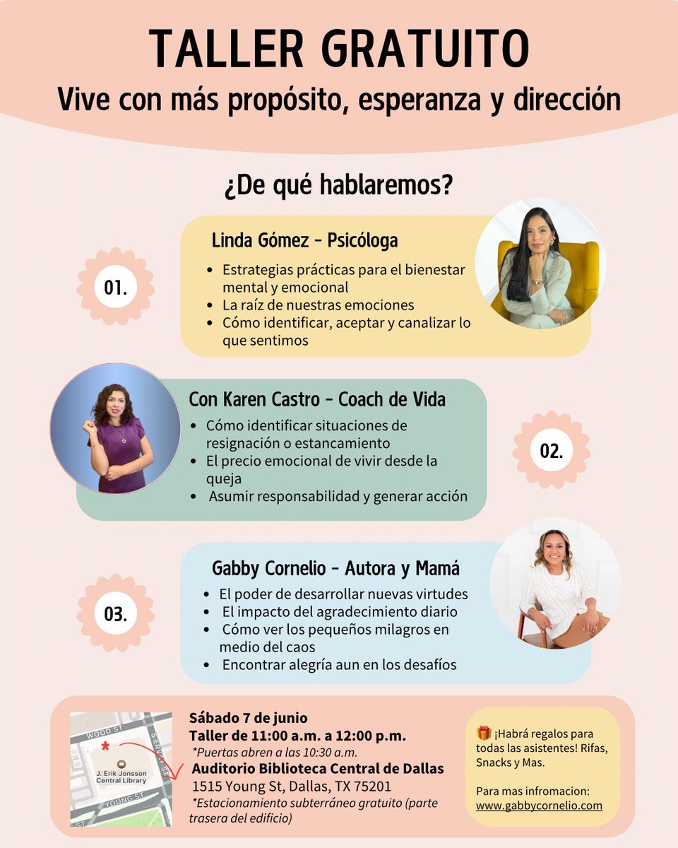 ED_Rivera_DISD's tweet image. Padres de familia, les comparto un evento gratuito de inspiración. El taller es el sábado 7 de junio de 11 am - 12 pm en el auditorio de la biblioteca central de Dallas (1515 Young Street). ¡No se lo pierda! 🩷