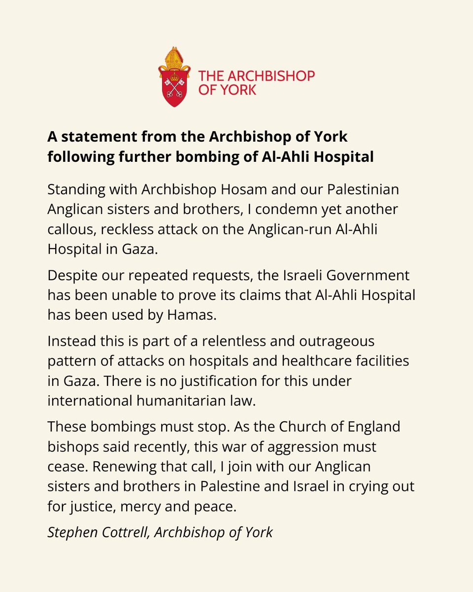 A statement following further bombing of the Anglican-run Al-Ahli Hospital in Gaza today.