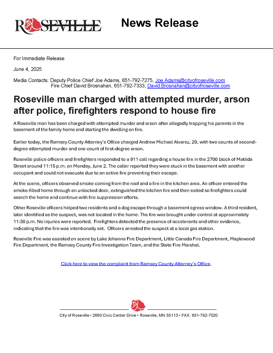 Click cityofroseville.com/.../38216/June… to view the complaint from Ramsey County Attorney’s Office.